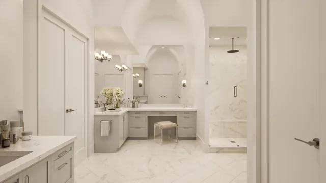 a spacious bathroom with a double vanity sink mirror and bathtub