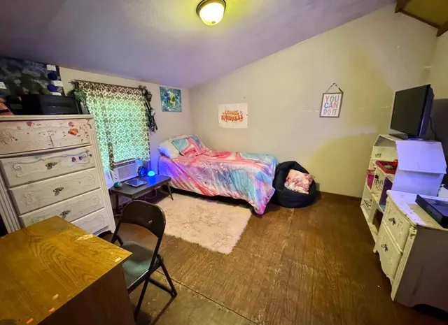 a bed room with a bed and a television