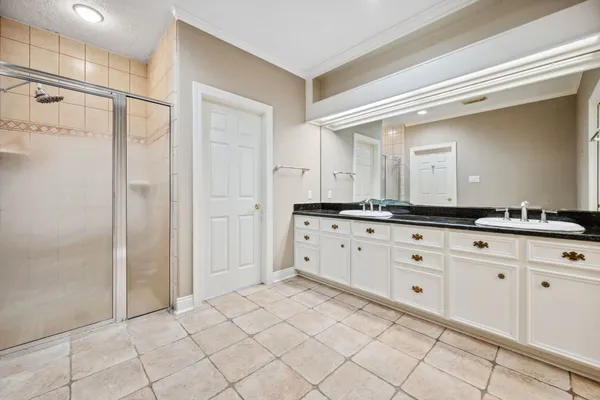 a bathroom with a sink mirror and a shower