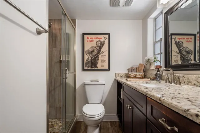 a aerial view of a house with a yard and large trees