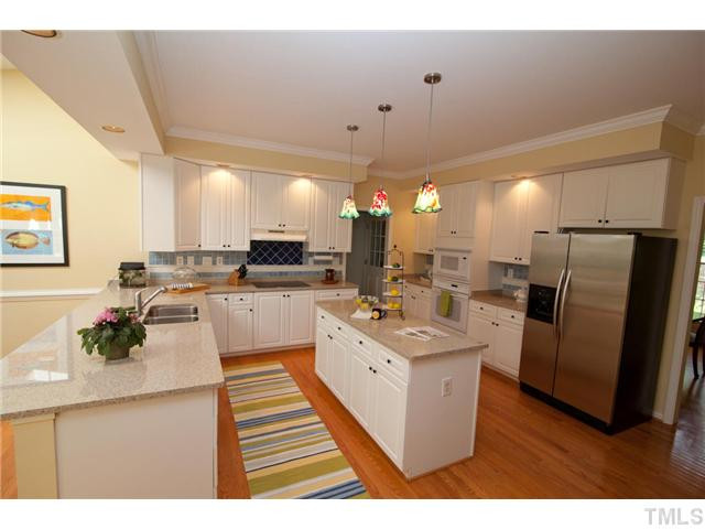 12400 Glenlivet Way Raleigh, NC 27613 - Photo 4 of 24 Large, Open Kitchen provides Plenty of Counter Space and Storage. Large Center Island is Ideal for Prep Work. Notice the NICE, NEW Granite Countertops! Kitchen Also Features a Built-In Work / Desk Area. Kitchen