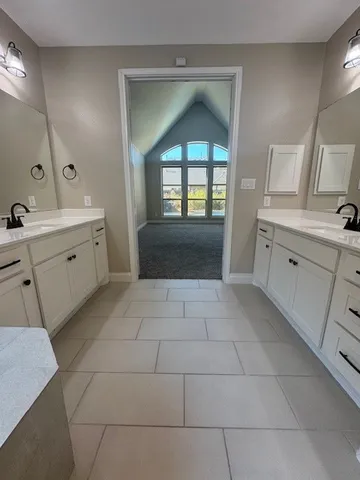 a large bathroom with a double vanity sink a large mirror and a shower