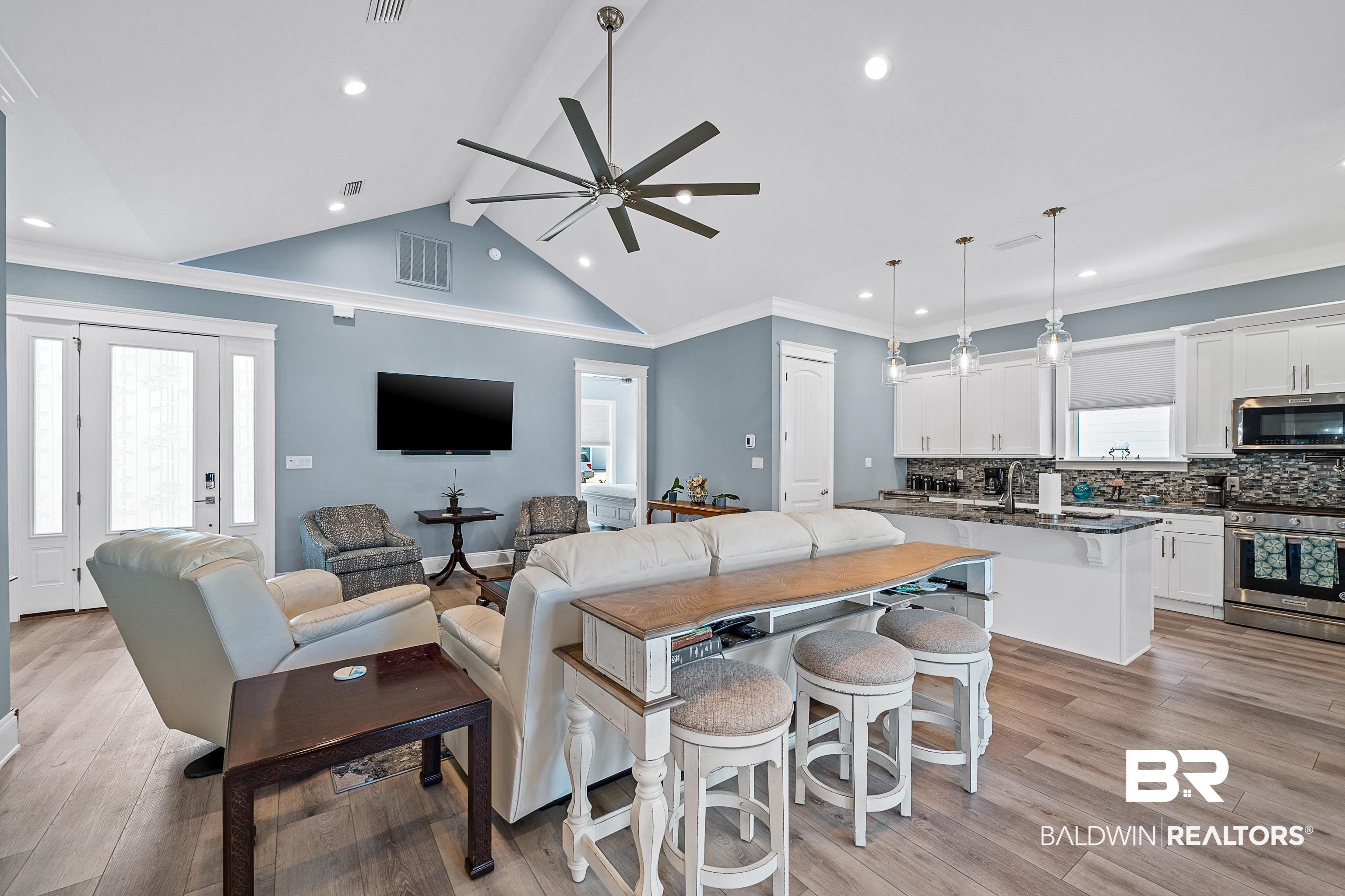 12329 Reunion Place, Unit LOT 38 Foley, AL 36535 - Photo 6 of 43 Living area with beamed ceiling, light wood-type flooring, a ceiling fan, and recessed lighting