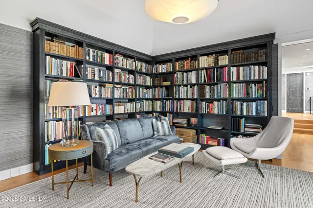 a living room with furniture and a book shelf