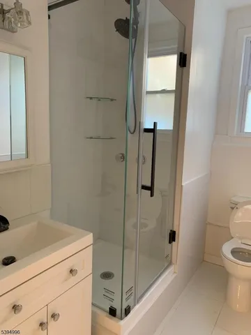 a bathroom with a shower and toilet