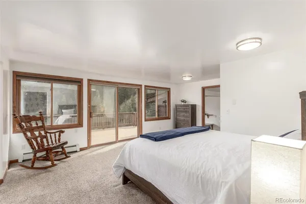 a spacious bedroom with a large bed and a large window