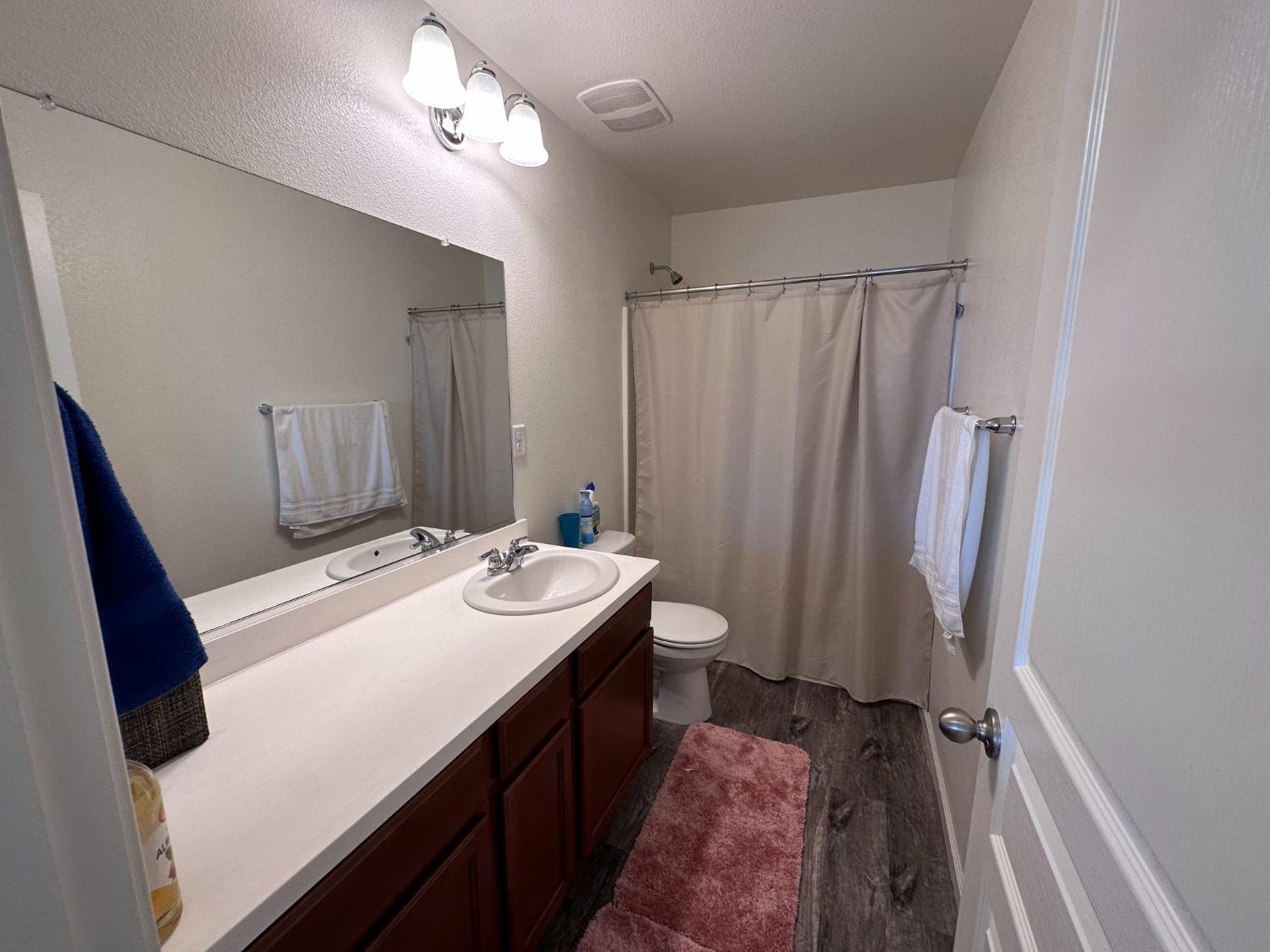 1263 Padre Street Madera, CA 93638 - Photo 22 of 26 a bathroom with a sink a toilet a mirror and shower curtain