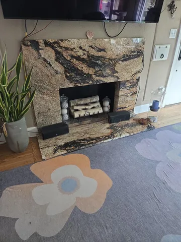 a living room with furniture and a fireplace