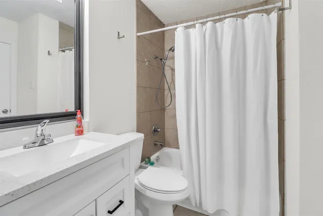 a bathroom with a sink a toilet and shower curtain