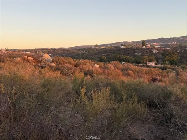 a view of a mountain in the distance in a field