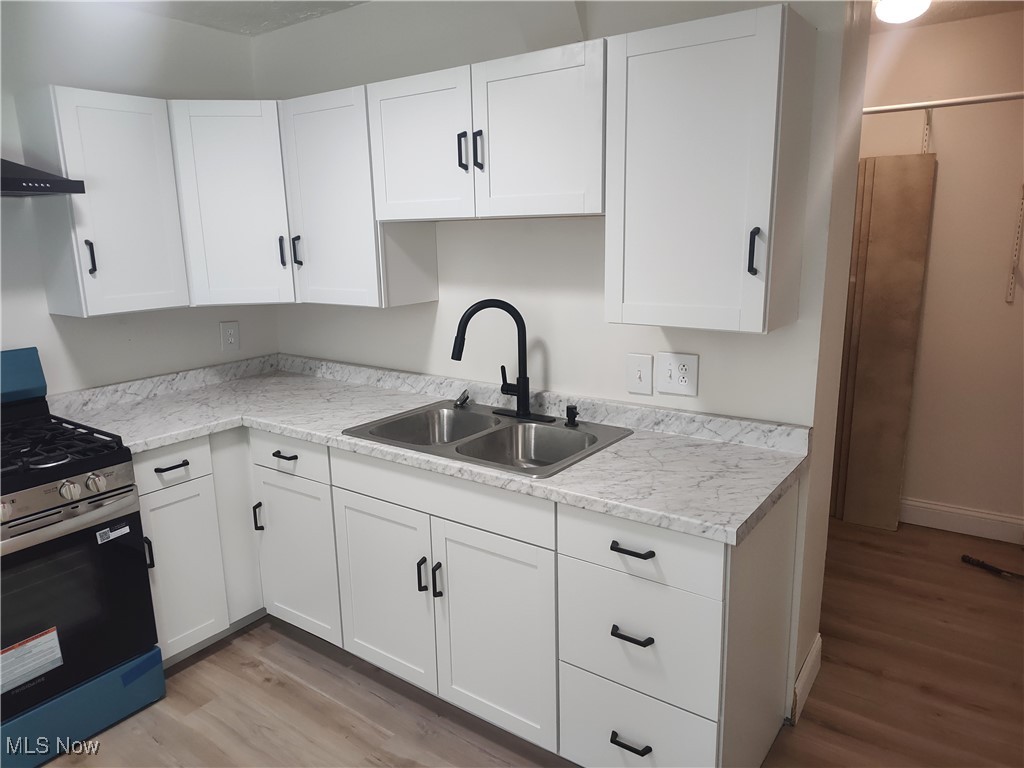 8016 Ninevah Road Geneva, OH 44041 - Photo 25 of 45 Kitchen with stainless steel gas range, light countertops, light wood-type flooring, and white cabinetry