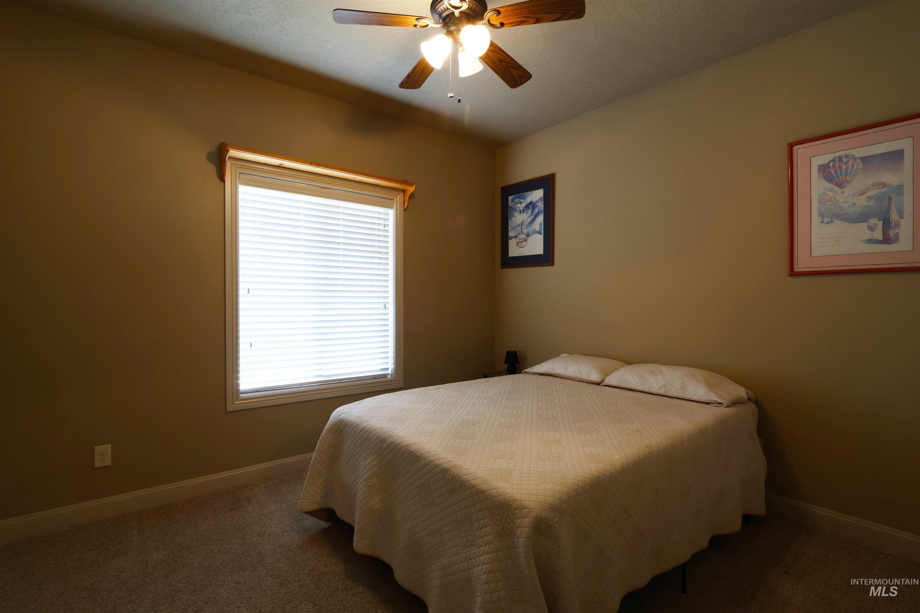 2278 Golf Lane Council, ID 83612 - Photo 18 of 31 Carpeted room with a ceiling fan light fixture, a window featuring white blinds and a decorative wood valance, and neutral-toned walls