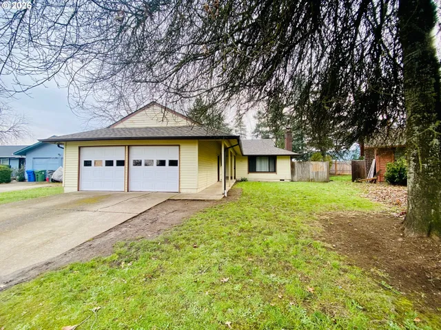 a view of a house with a yard and large tree