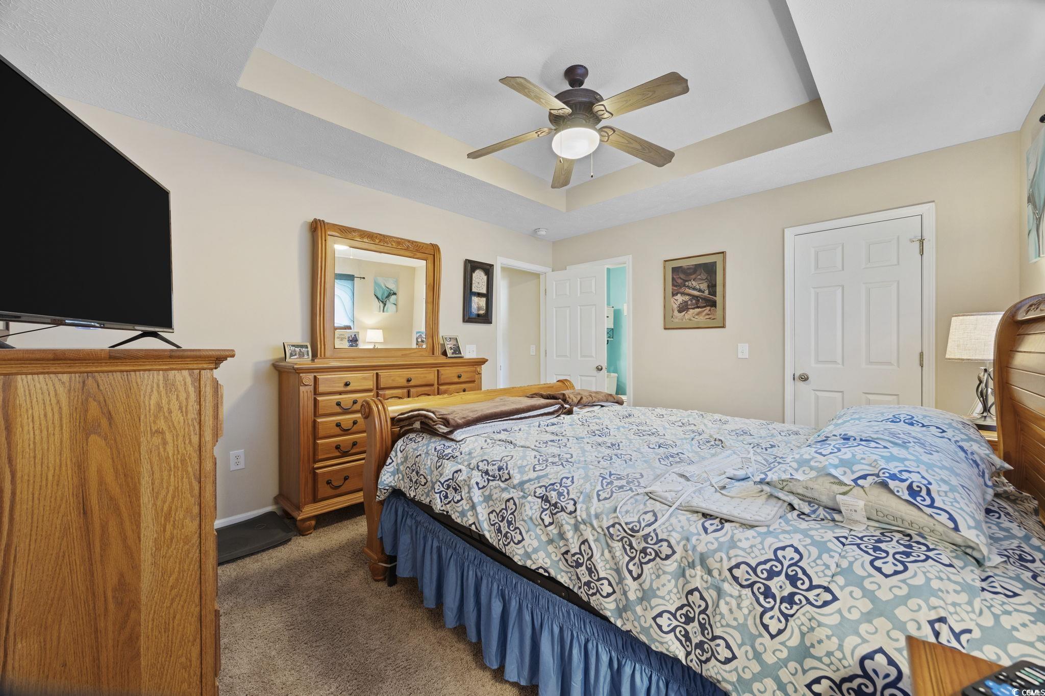 2902 Silverleaf Circle Loris, SC 29569 - Photo 15 of 38 Bedroom featuring a tray ceiling, carpet, and ceiling fan