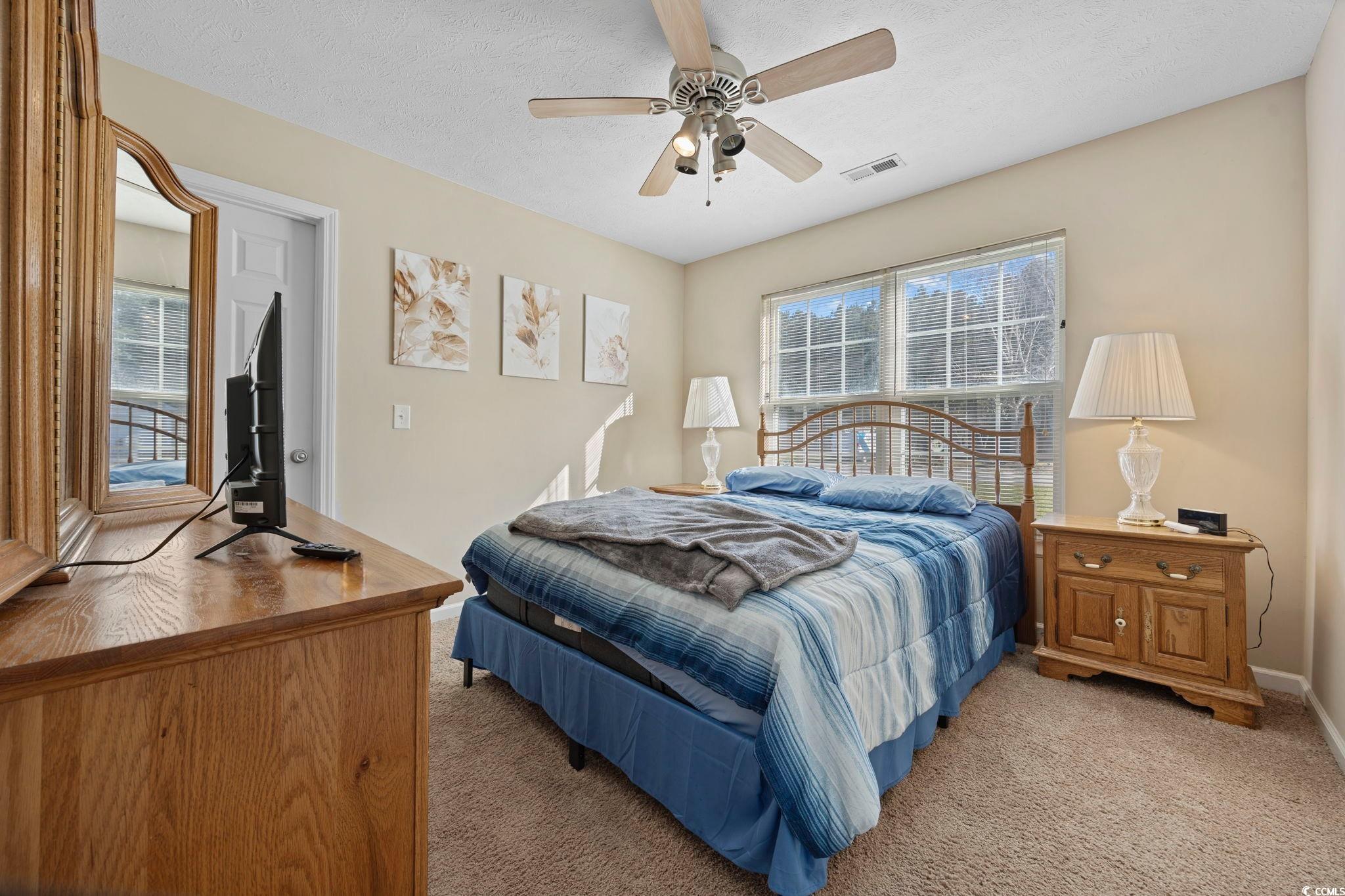 2902 Silverleaf Circle Loris, SC 29569 - Photo 19 of 38 Bedroom with carpet floors, a ceiling fan, and a textured ceiling