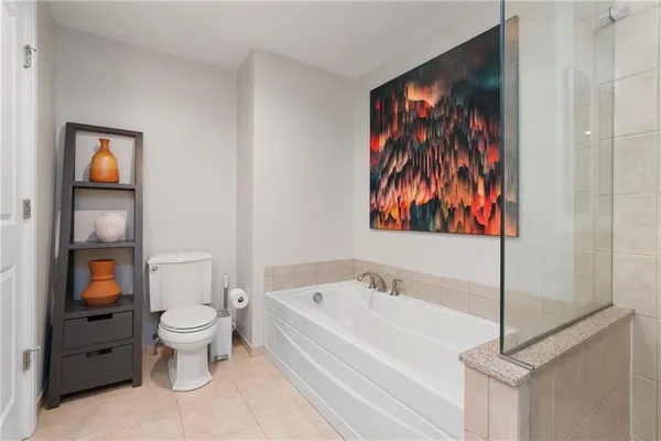 a bathroom with a bathtub and a toilet