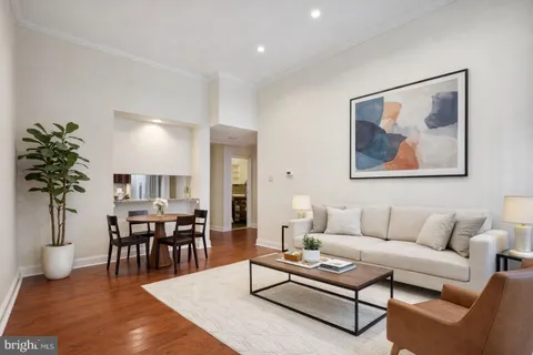 a living room with furniture a dining table with wooden floor and a potted plant