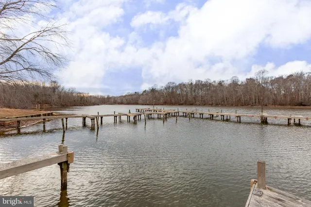 a view of a lake with boats and trees in the back
