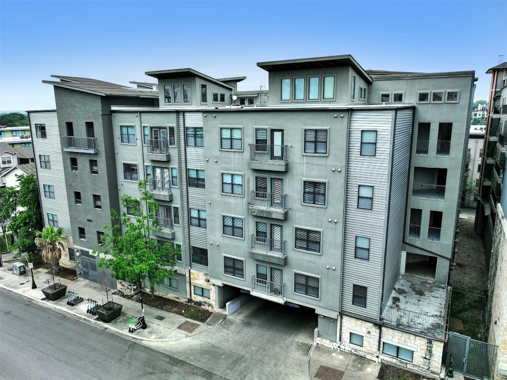 a front view of multi story residential apartment building