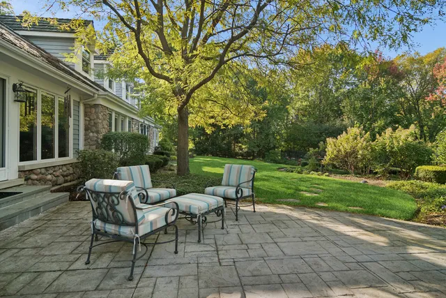 an outdoor space with seating