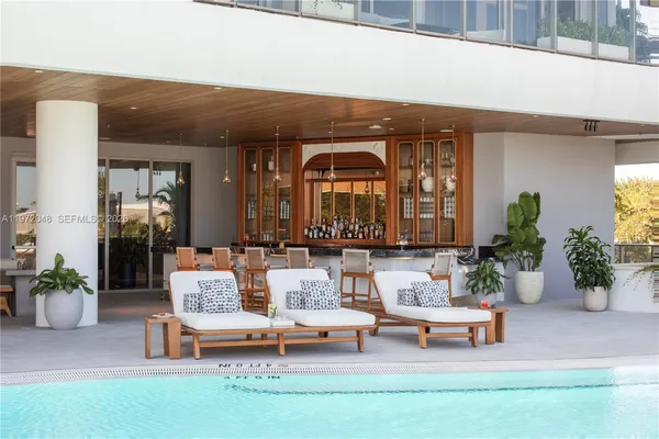 a building outdoor space with patio furniture