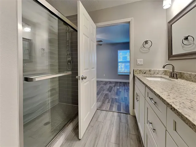a bathroom with a granite countertop shower a sink and a mirror