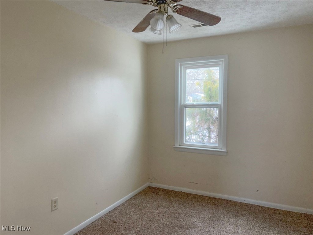 7094 Lake Road Madison, OH 44057 - Photo 19 of 20 Empty room with a textured ceiling, ceiling fan, carpet, and baseboards