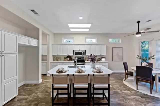 a view of a dining room with furniture