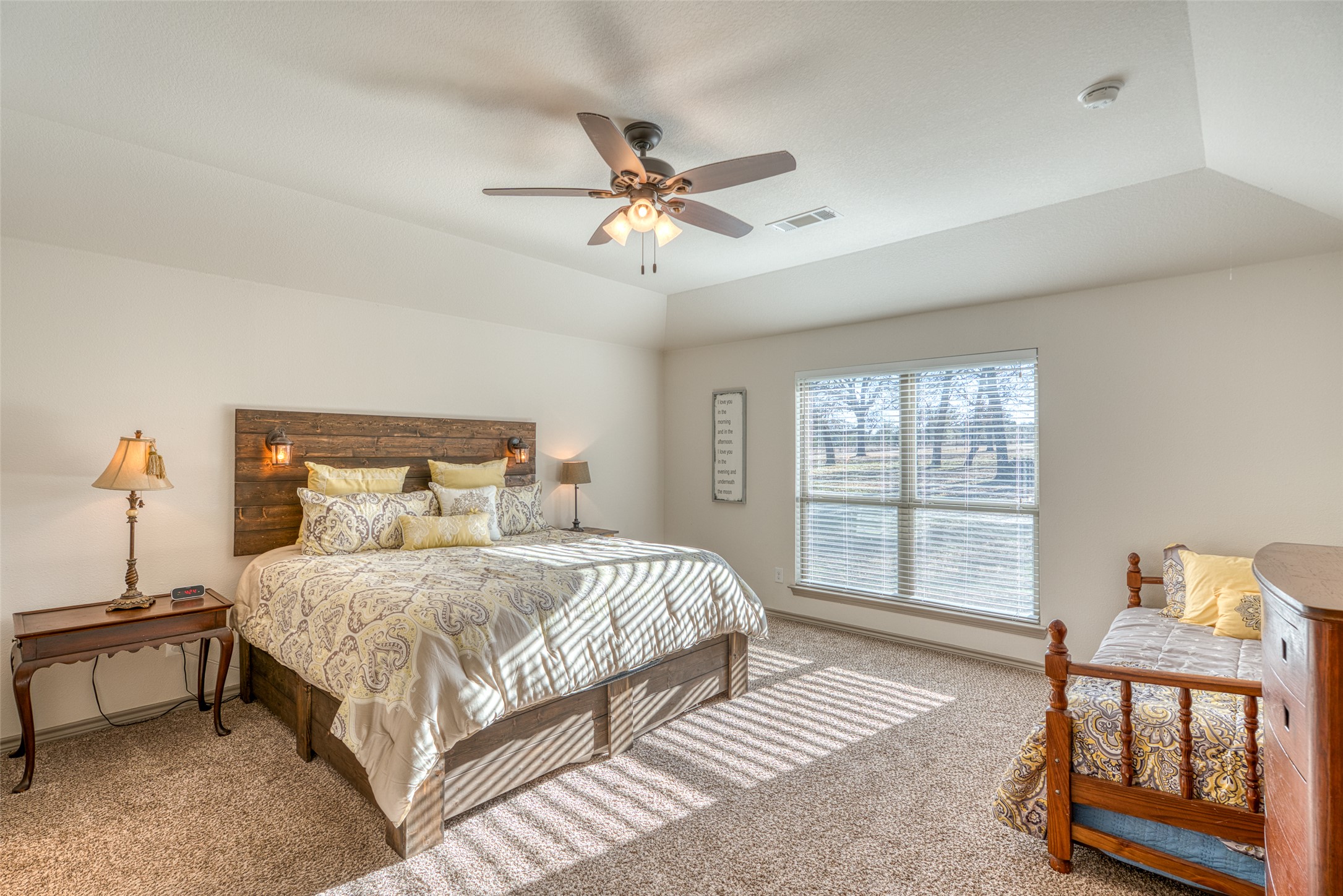 489 Nordic Ridge Road Bertram, TX 78605 - Photo 9 of 19 Bedroom with carpet floors, a tray ceiling, and a ceiling fan
