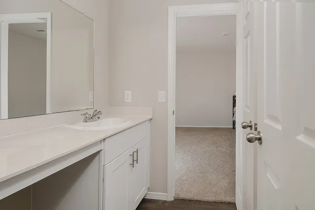 a bathroom with a sink and mirror