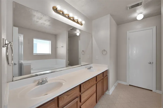 a bathroom with a sink double vanity and a mirror