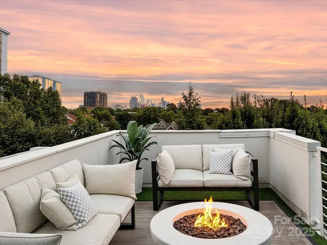 a balcony with furniture and a potted plant