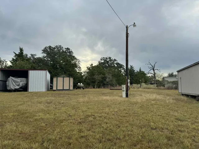 a view of a field with a tree in the background