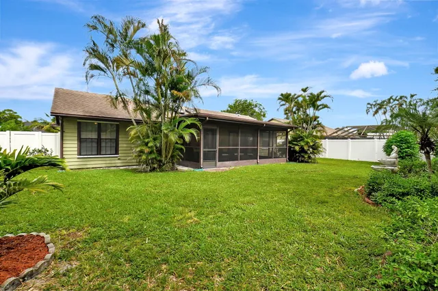 a view of a backyard with potted plants and large tree