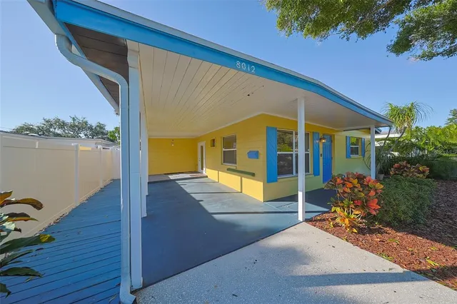 a backyard of a house with table and chairs