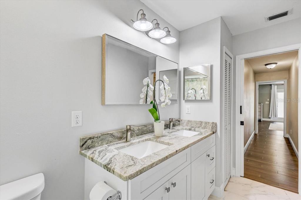 4710 Stearns Road Valrico, FL 33596 - Photo 53 of 63 a bathroom with a granite countertop sink a light fixture and a mirror