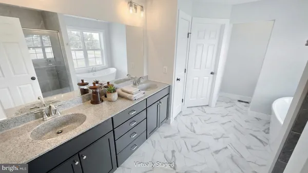 a bathroom with double vanity sink a mirror and a shower