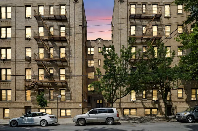 a front view of a building with street view