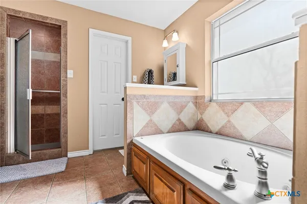 a bathroom with a tub a sink and a shower