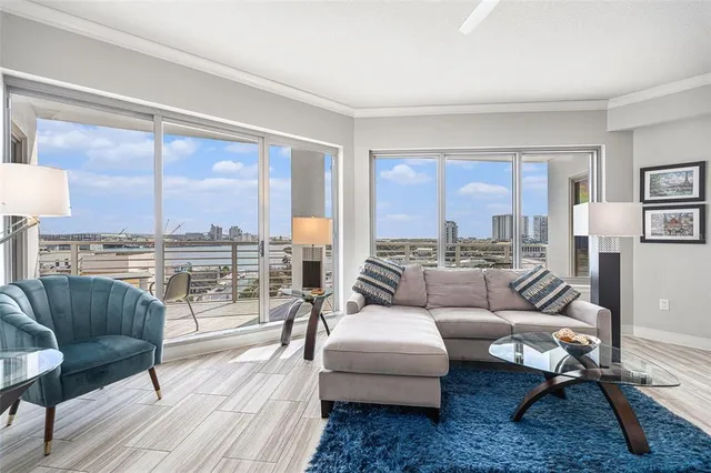 a living room with furniture and a floor to ceiling window