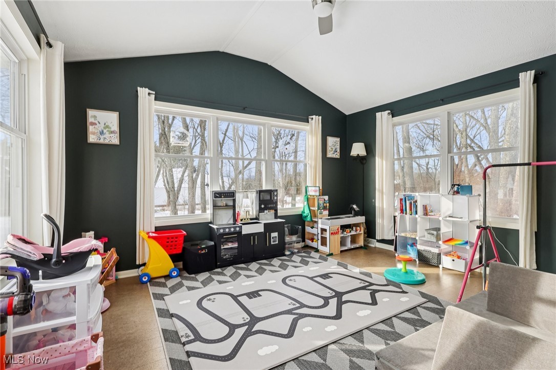 445 Center Road Hinckley, OH 44233 - Photo 15 of 50 Playroom featuring plenty of natural light, vaulted ceiling, and a ceiling fan