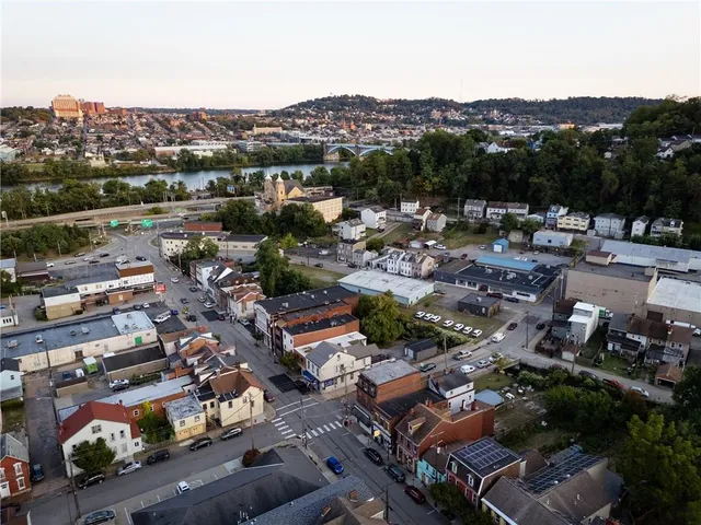 an aerial view of residential houses and city view