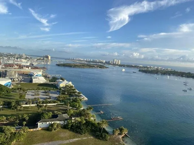 a view of a lake with a city