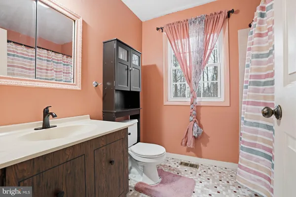 a bathroom with a sink a toilet and shower curtain