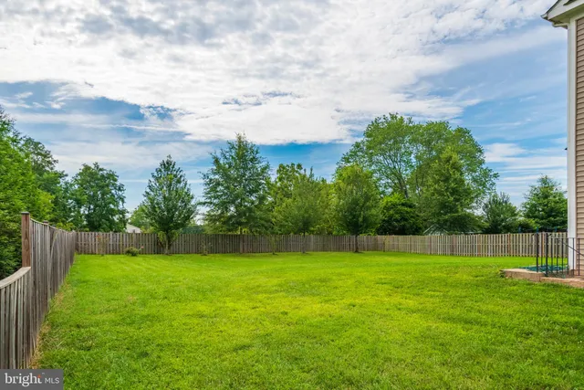 a view of yard with grass & wall in the background