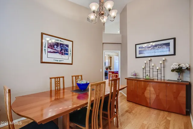 a view of a dining room with furniture