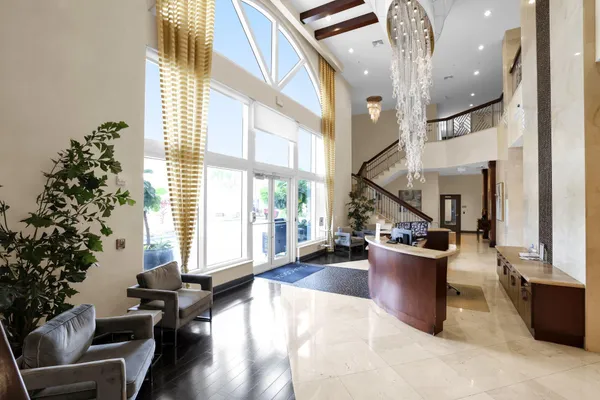 a living room with furniture a large window and a potted plant