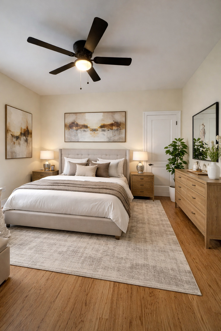 610 East 74th Street, Unit 2B Chicago, IL 60619 - Photo 6 of 7 a bedroom with a large bed and a chandelier