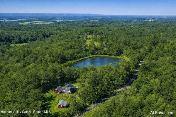 a view of a lush green forest with a building in the back