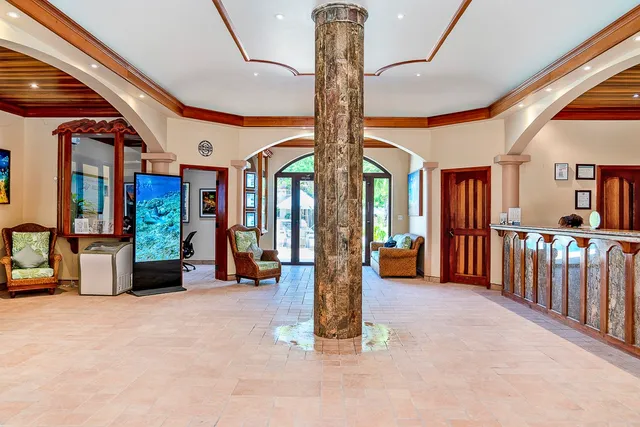 a view of a swimming pool with a lawn chairs and palm tree